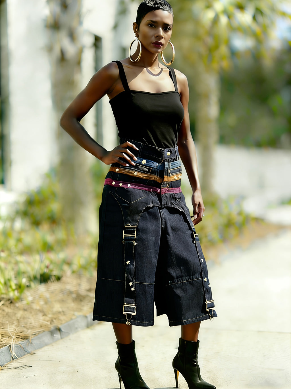 Women's New Waist Top Star Studded Jeans with Wide Legs And Loose Cropped Pants, Designed with A Sense Of Stars And Spicy Patchwork, Wide Leg Mid Length Pants