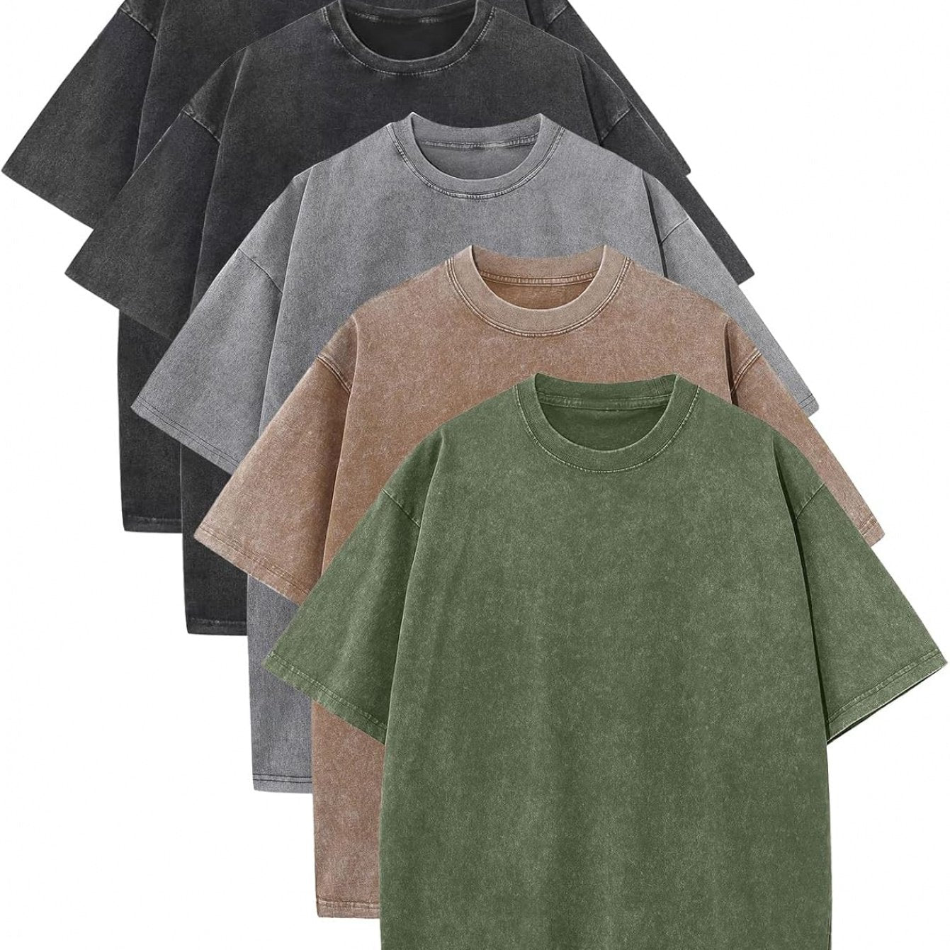 And Armor 5pcs Set of Men's Loose-fit T-shirts, Acid-washed Vintage Heavyweight T-shirts