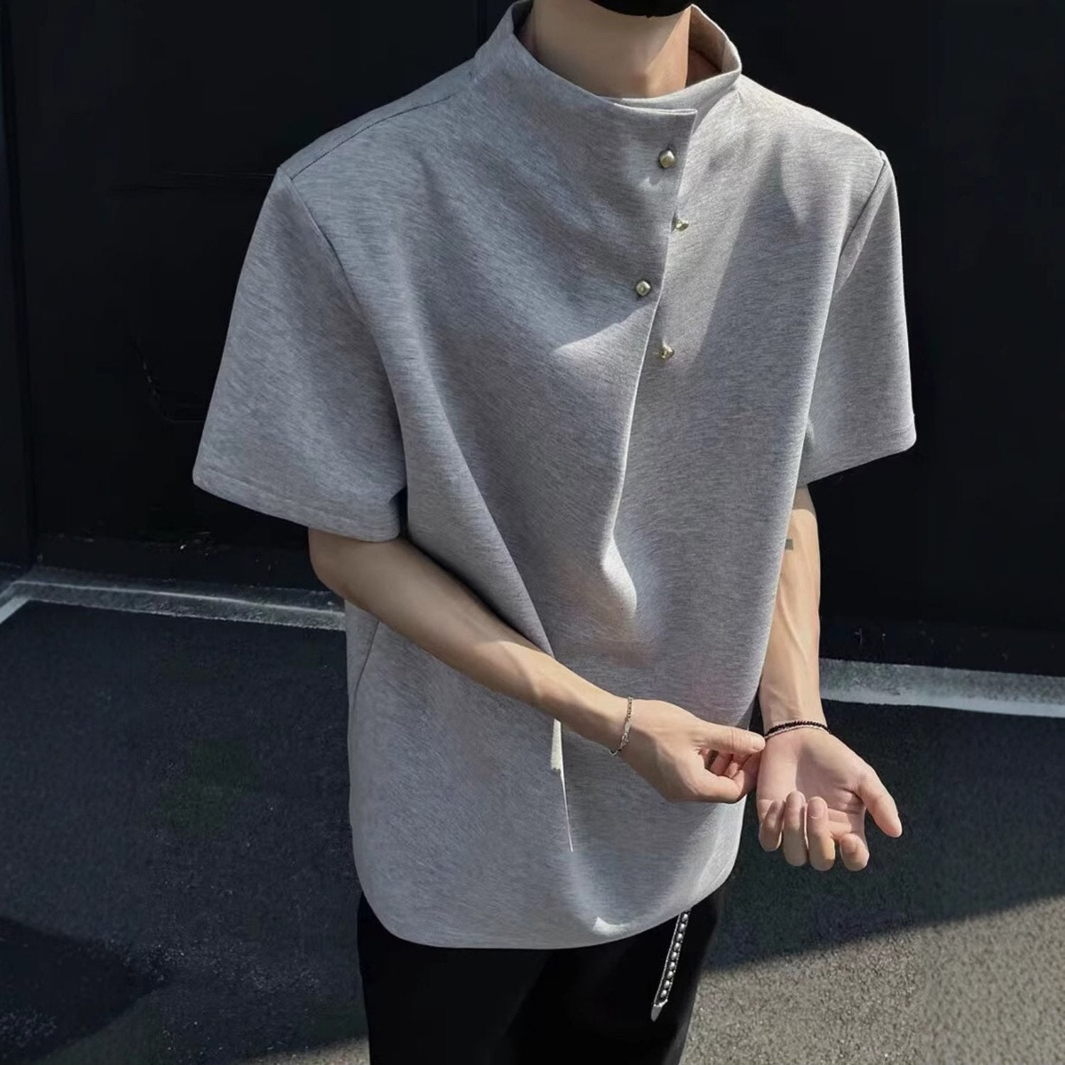 Summer New Men'S Shoulder Padded Short Sleeve Irregular Button Design American Trendy Ruffian Loose Stand Collar Short Sleeve T-Shirt Casual Trendy Retro Wear M-XXL