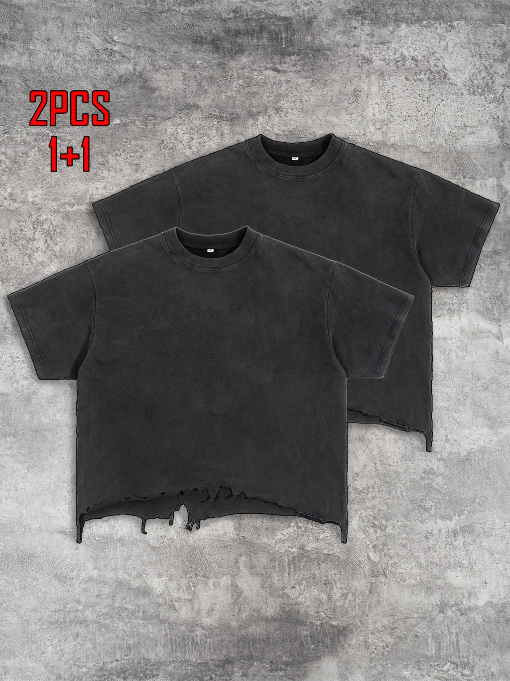 2pcs Men's T-shirt Hand-made Distressed Style 240G Heavyweight 100% Cotton Cropped Boxy Fit Tshirt Vintage Washed Hip-hop Streetwear with Irregular Hem Design Casual Loose Comfortable Short-sleeved Top for Men
