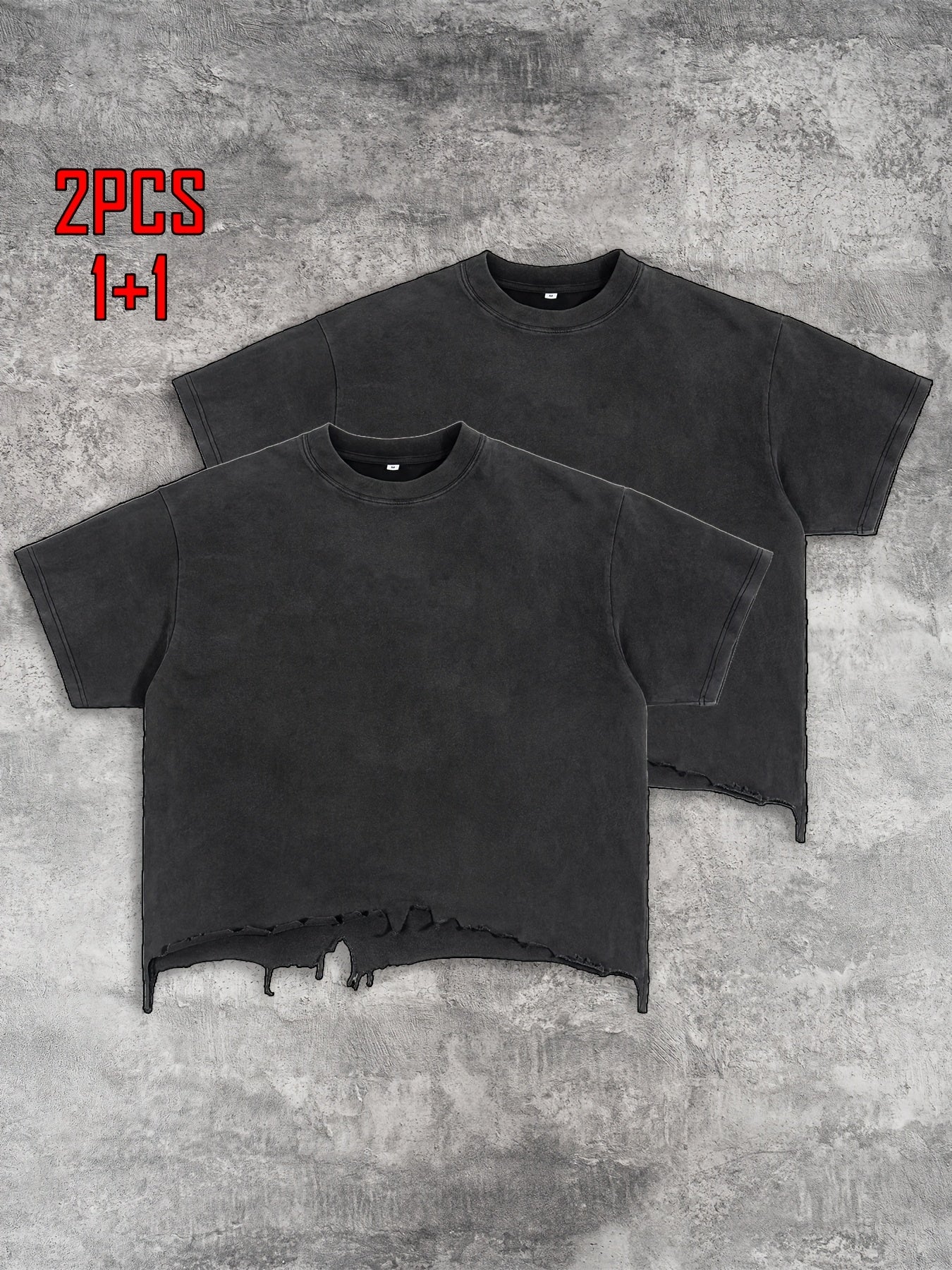 2pcs Men's T-shirt Hand-made Distressed Style 240G Heavyweight 100% Cotton Cropped Boxy Fit Tshirt Vintage Washed Hip-hop Streetwear with Irregular Hem Design Casual Loose Comfortable Short-sleeved Top for Men