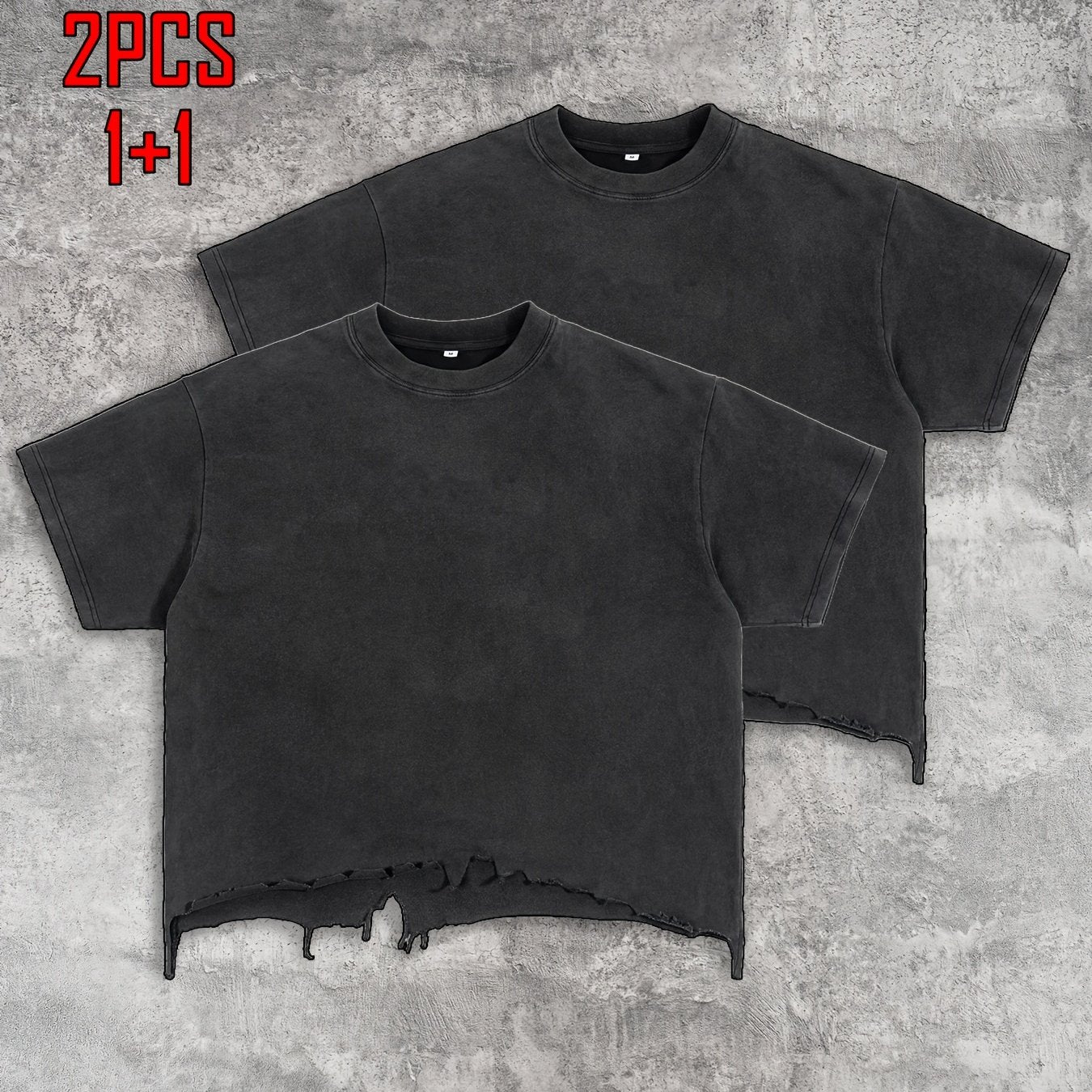 2pcs Men's T-shirt Hand-made Distressed Style 240G Heavyweight 100% Cotton Cropped Boxy Fit Tshirt Vintage Washed Hip-hop Streetwear with Irregular Hem Design Casual Loose Comfortable Short-sleeved Top for Men
