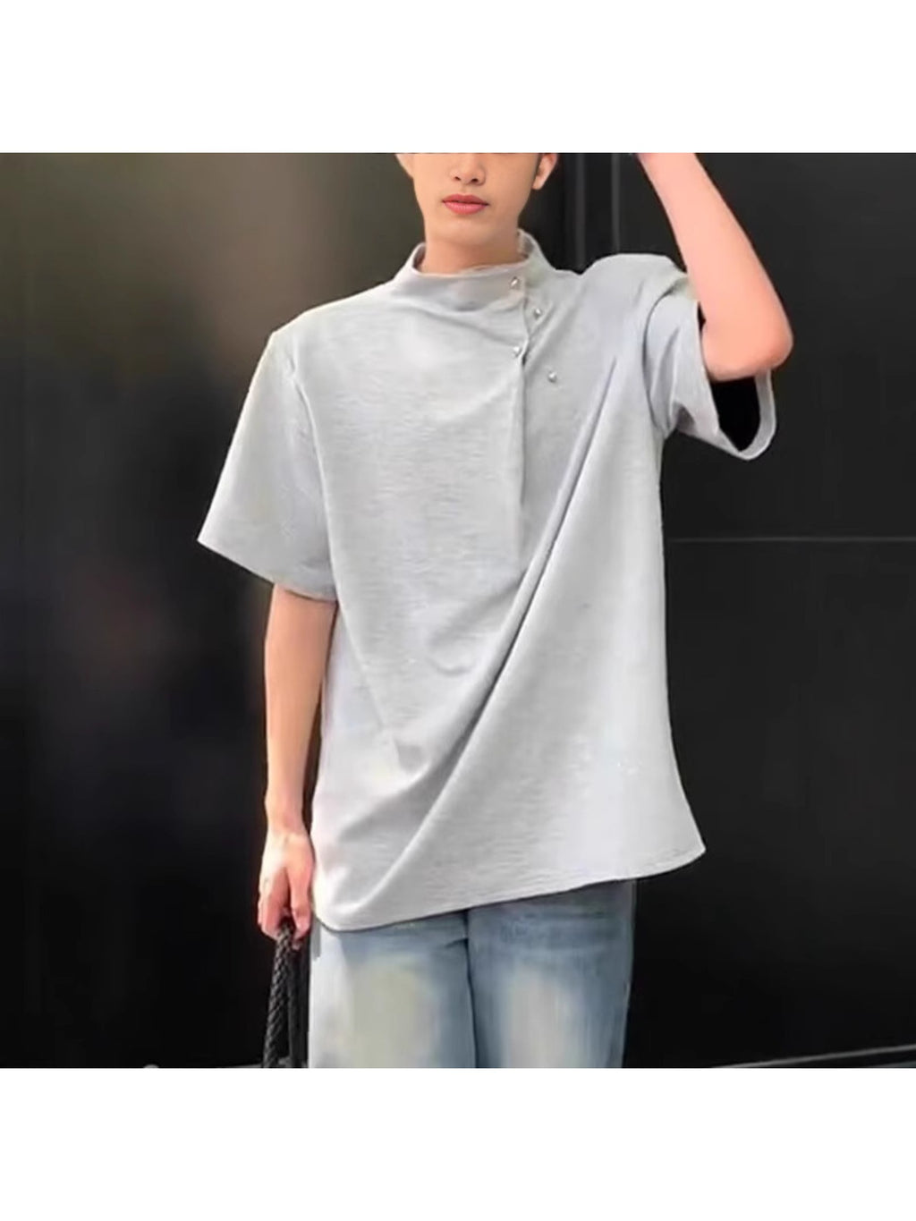 Summer New Men'S Shoulder Padded Short Sleeve Irregular Button Design American Trendy Ruffian Loose Stand Collar Short Sleeve T-Shirt Casual Trendy Retro Wear M-XXL