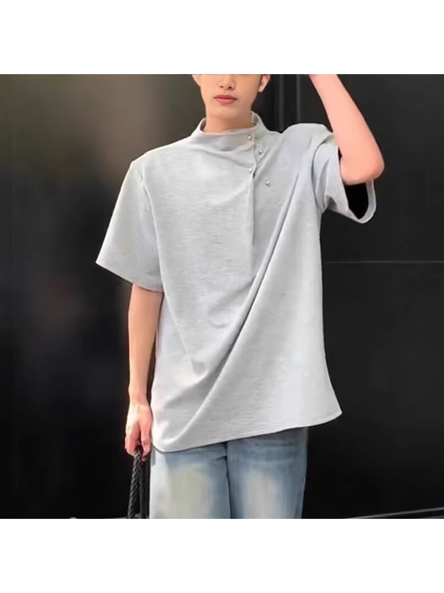 Summer New Men'S Shoulder Padded Short Sleeve Irregular Button Design American Trendy Ruffian Loose Stand Collar Short Sleeve T-Shirt Casual Trendy Retro Wear M-XXL