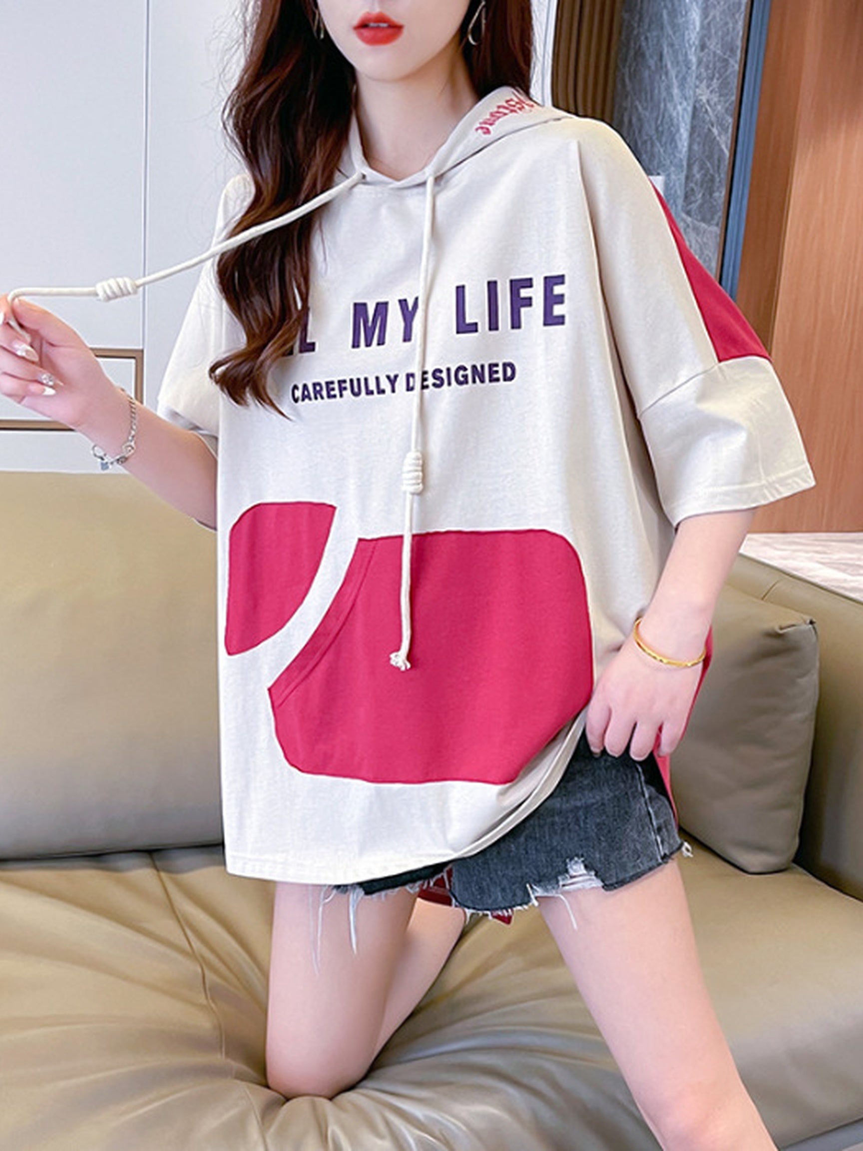 2026 Summer Womens Hooded Short Sleeve T-Shirt - Fabric - Colorblo Design - Printed Poet - Casual Street Style - Breathable and Comfortable - Trendy Oversized Fit - Minimalist Korean Aesthetic - Perfect for Daily Wear, Travel, and Relaxed