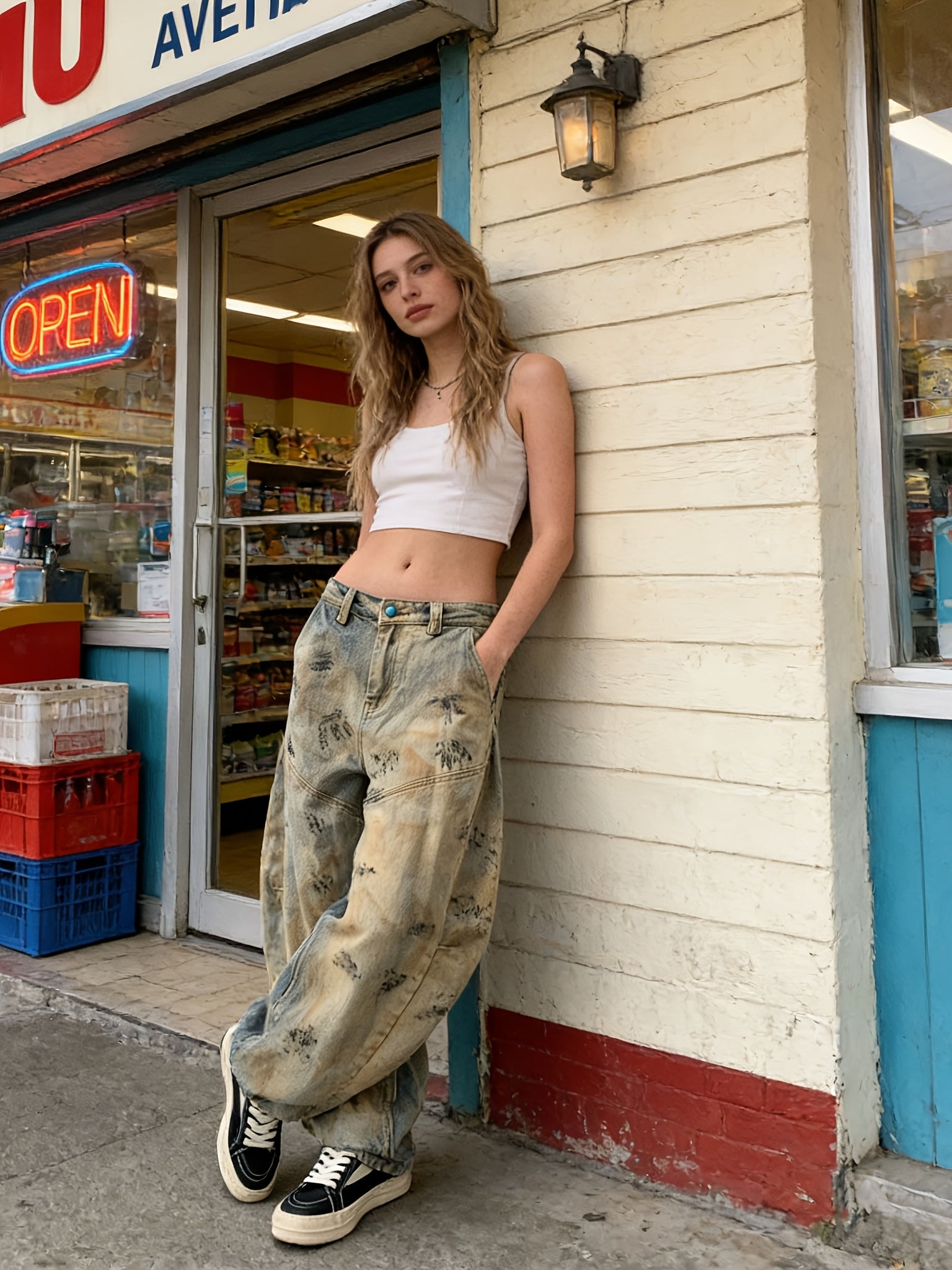 American Streetwear Distressed Denim Pants Dirty Dyed Palm Print Wide Leg Workwear Pants Floor-Length Pants Women'S Leggings