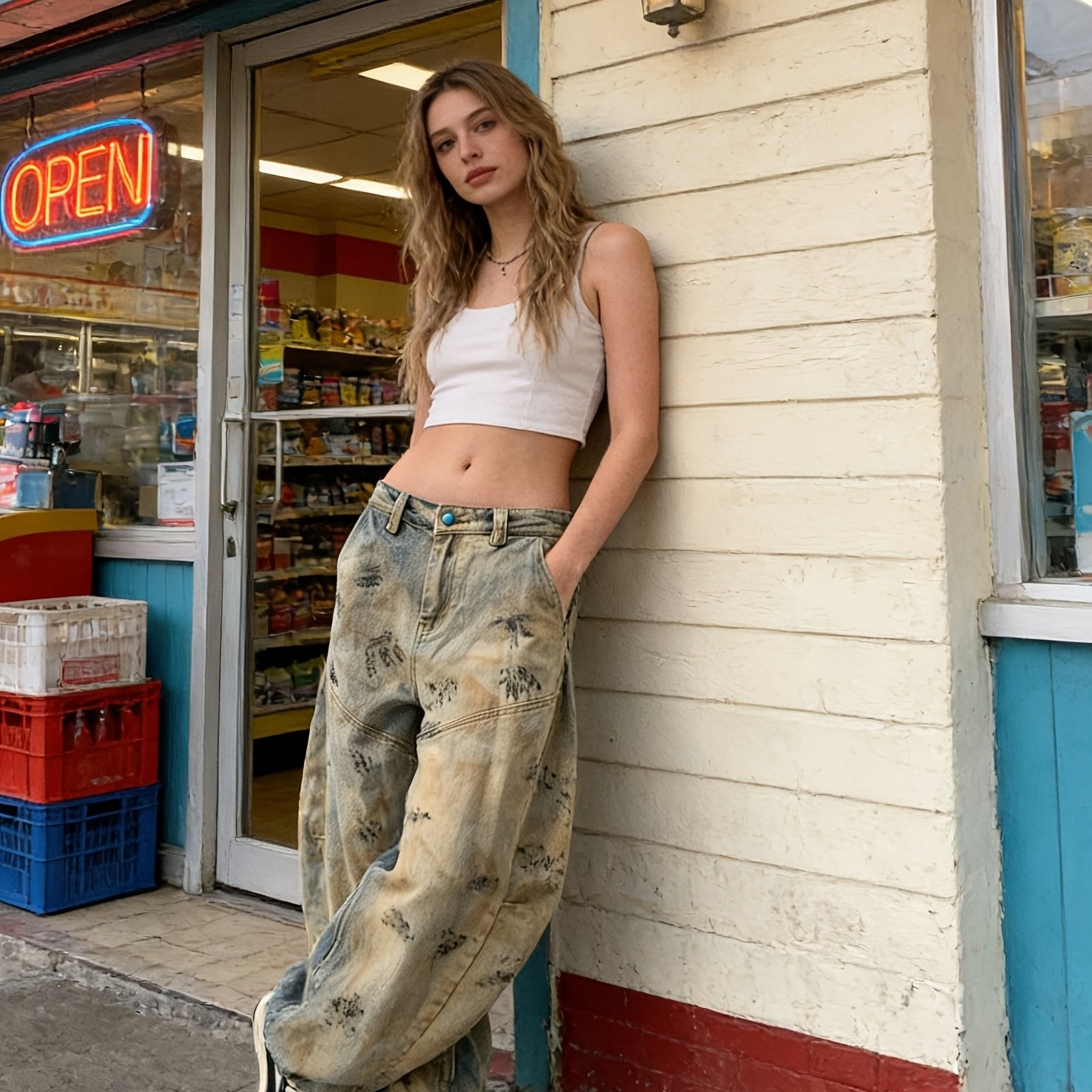 American Streetwear Distressed Denim Pants Dirty Dyed Palm Print Wide Leg Workwear Pants Floor-Length Pants Women'S Leggings