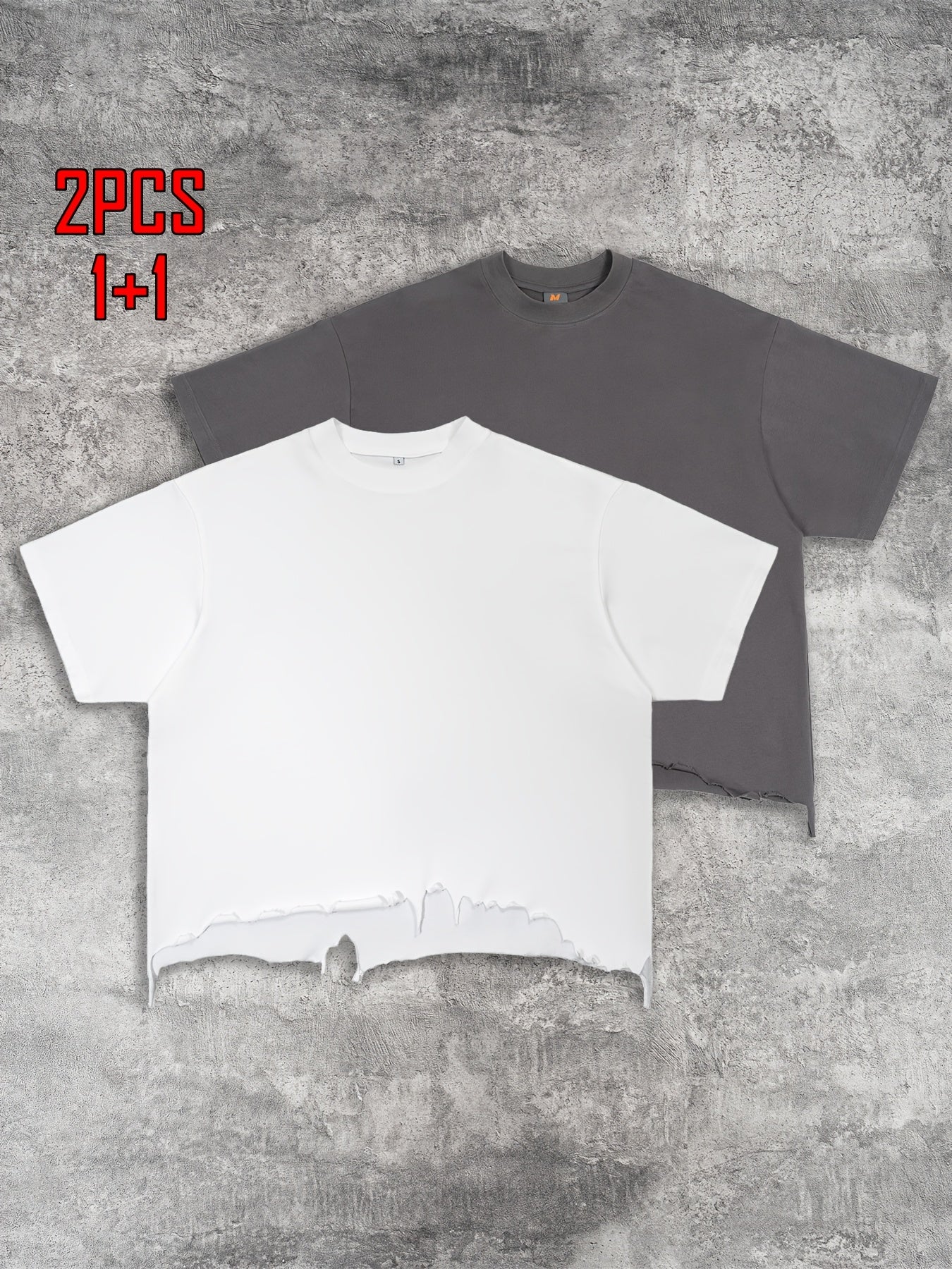 2pcs Men's T-shirt Hand-made Distressed Style 240G Heavyweight 100% Cotton Cropped Boxy Fit Tshirt Vintage Washed Hip-hop Streetwear with Irregular Hem Design Casual Loose Comfortable Short-sleeved Top for Men