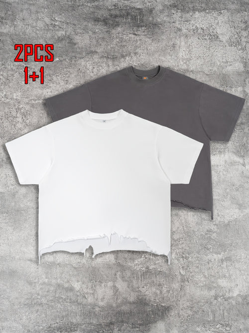 2pcs Men's T-shirt Hand-made Distressed Style 240G Heavyweight 100% Cotton Cropped Boxy Fit Tshirt Vintage Washed Hip-hop Streetwear with Irregular Hem Design Casual Loose Comfortable Short-sleeved Top for Men