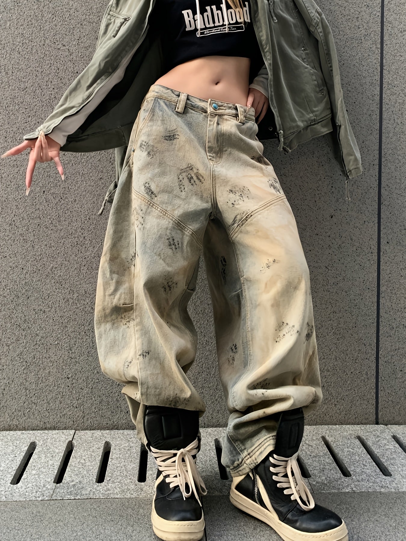 American Streetwear Distressed Denim Pants Dirty Dyed Palm Print Wide Leg Workwear Pants Floor-Length Pants Women'S Leggings