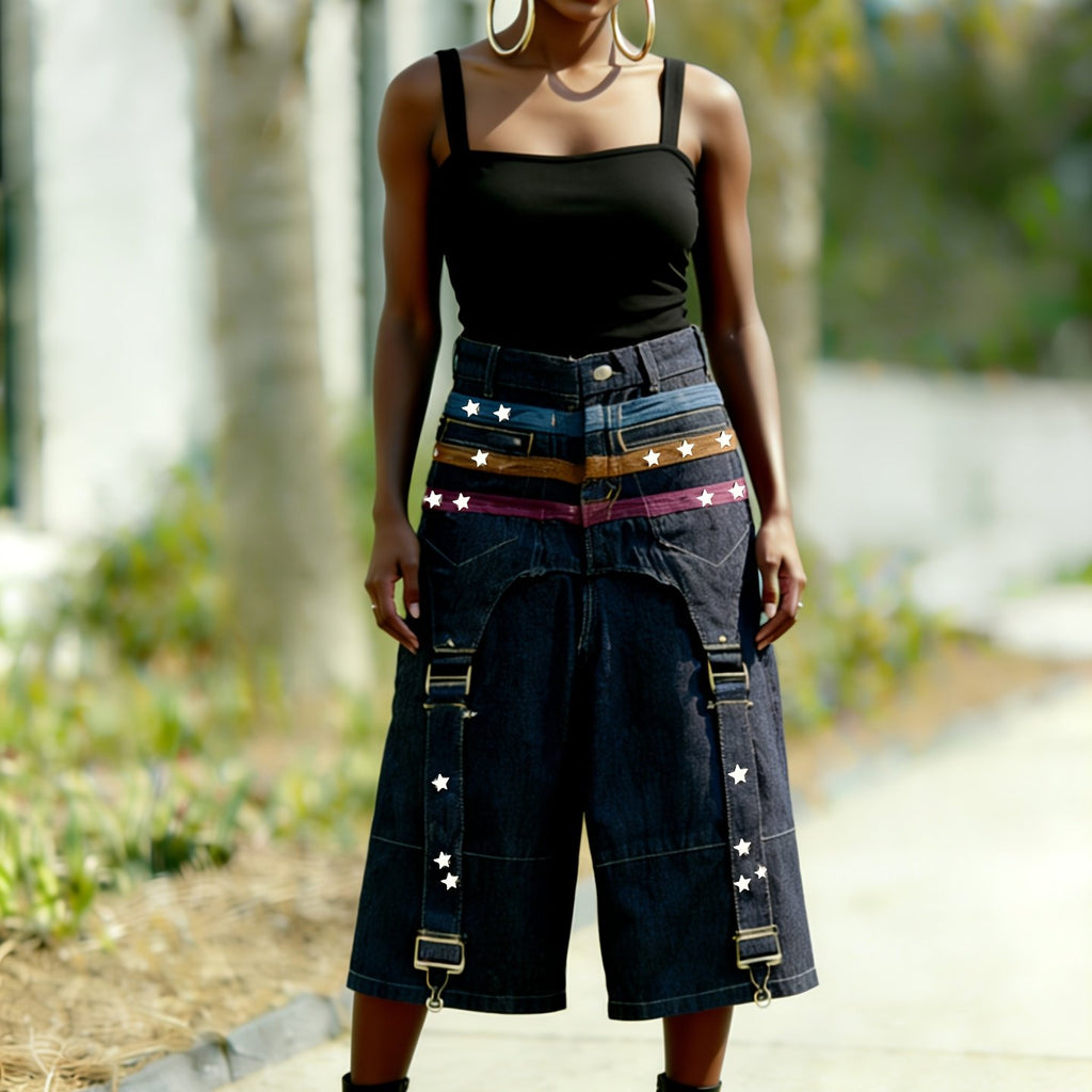 Women's New Waist Top Star Studded Jeans with Wide Legs And Loose Cropped Pants, Designed with A Sense Of Stars And Spicy Patchwork, Wide Leg Mid Length Pants