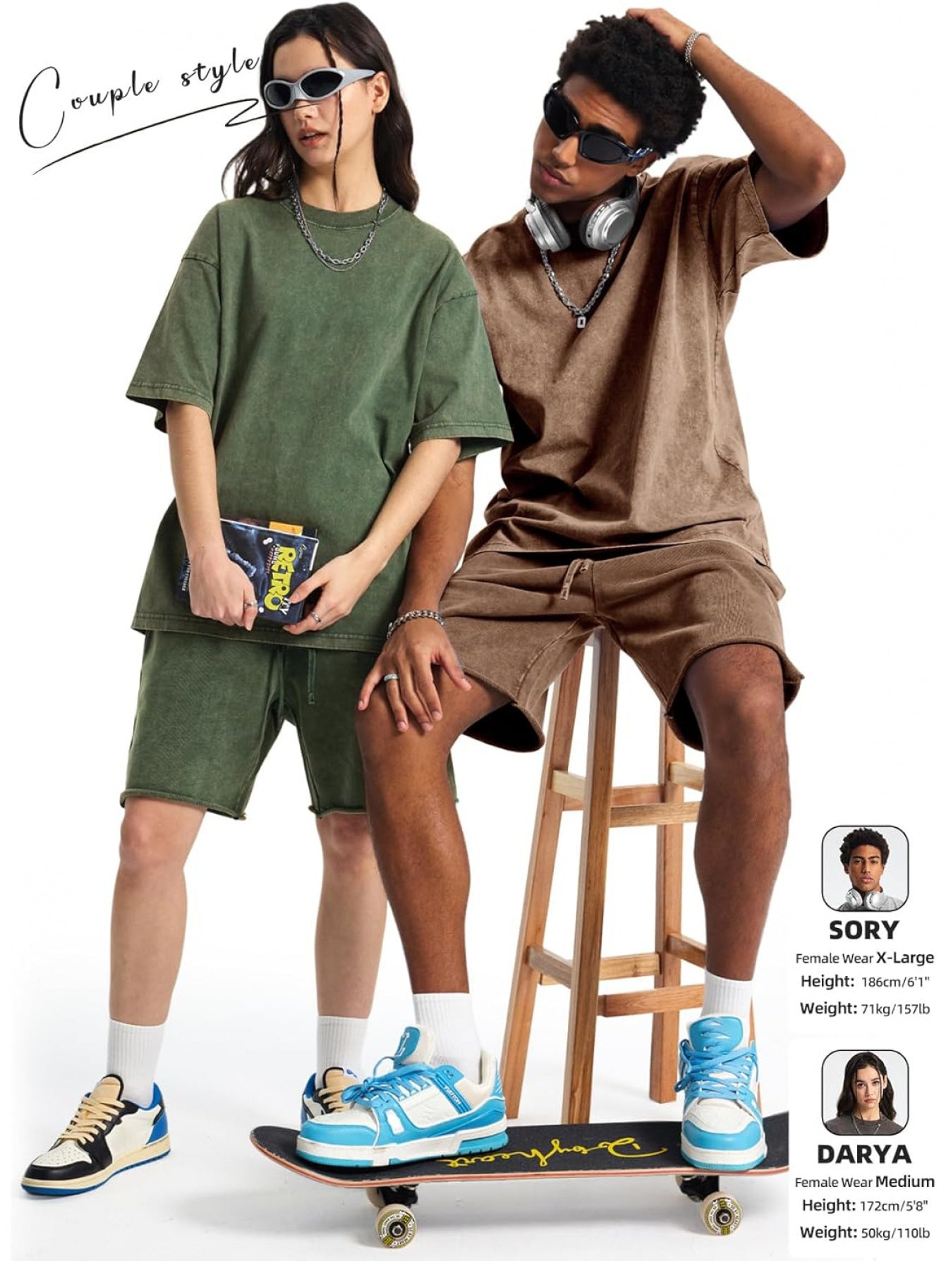 And Armor 5pcs Set of Men's Loose-fit T-shirts, Acid-washed Vintage Heavyweight T-shirts