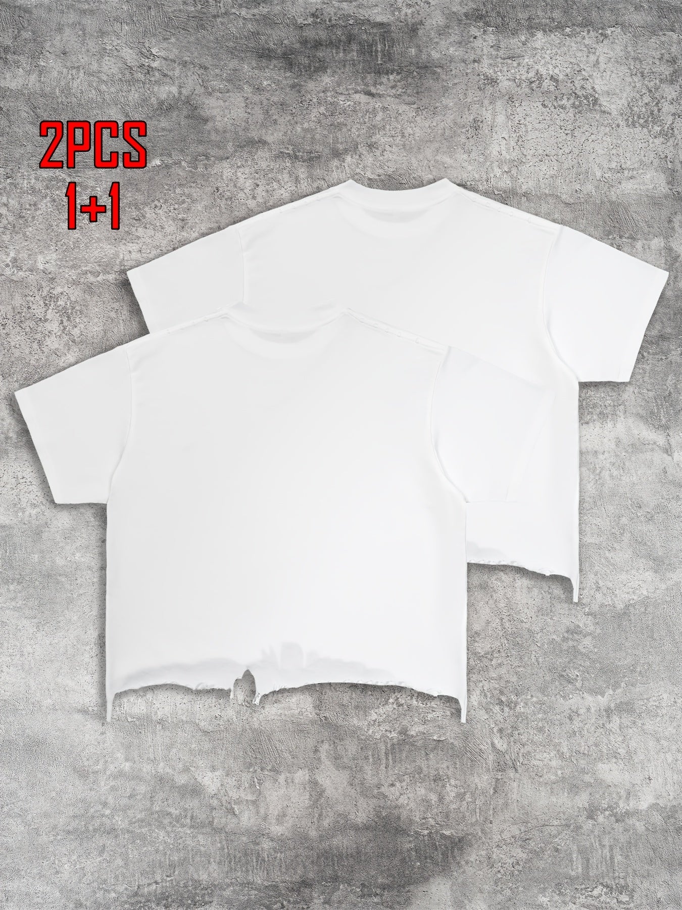 2pcs Men's T-shirt Hand-made Distressed Style 240G Heavyweight 100% Cotton Cropped Boxy Fit Tshirt Vintage Washed Hip-hop Streetwear with Irregular Hem Design Casual Loose Comfortable Short-sleeved Top for Men
