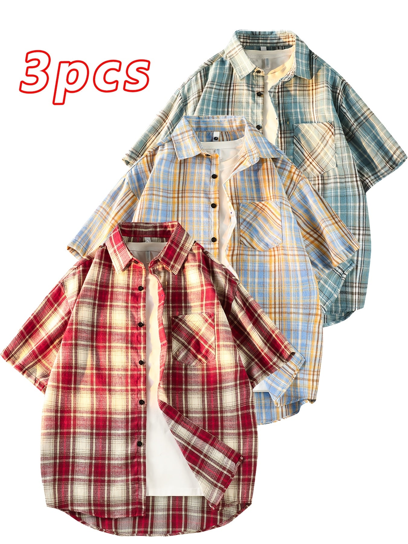 This Unisex Retro Casual Short-Sleeve Shirt Comes in a 3pcs Set And Is Perfect for Both Men And Women. It Showcases a Chic And Straightforward Checkered Design Suitable for Any Season. The Loose And Comfy Fit Caters to Diverse Preferences