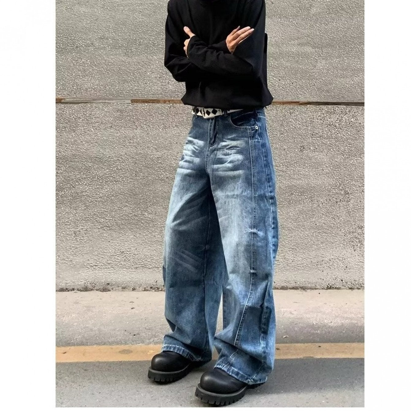 2025 Washed Ice Blue Distressed Straight-Leg Slightly Flared Jeans for Men, Vintage Versatile Loose Pants for Couples