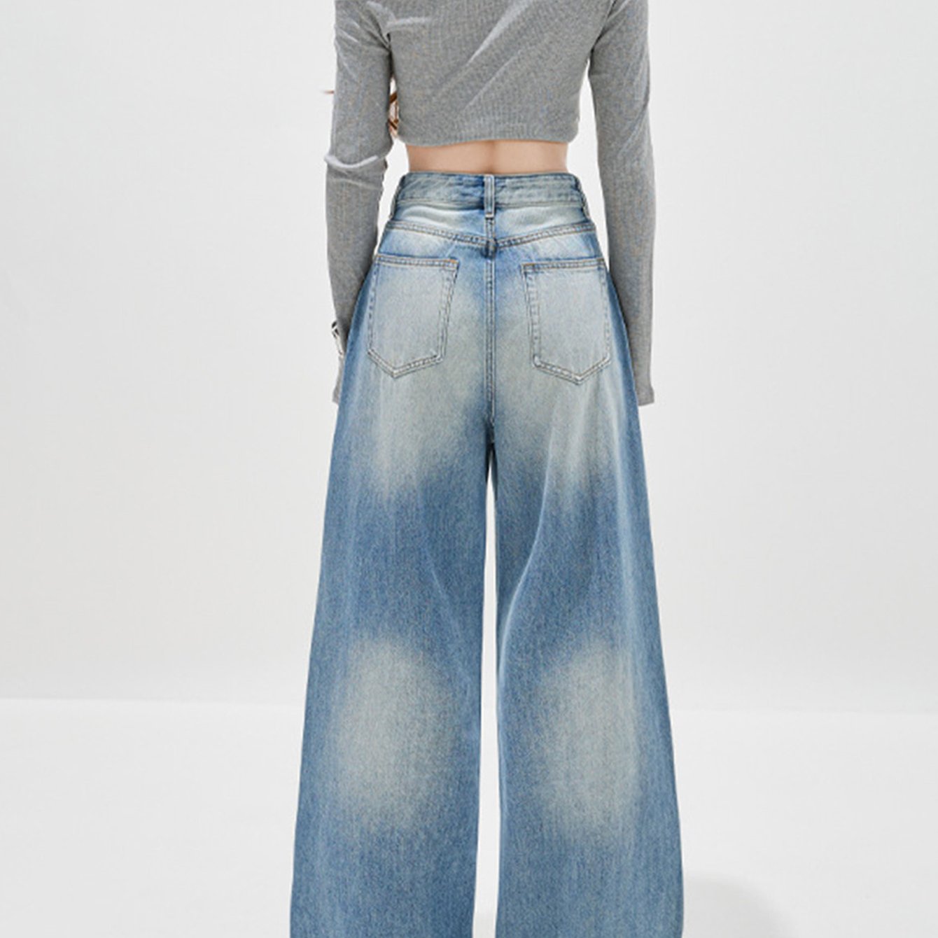 American-Style Women's Wide-Leg Floor-Length Jeans - Slimming, Versatile, Light Blue, Casual, Plus Size (All-Season)